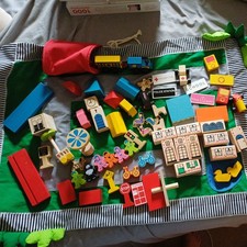 Wooden Toy Village in floor mat bag  House's cars &  train.  very unusual