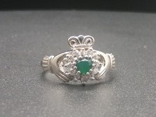 9ct White Gold Green CZ Claddagh Ring - UK Sizes: M & P or P1/2 - Hallmarked