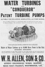 BEDFORD WH Allen & Son Water Turbine Engineers Queens Works -Antique Advert 1909