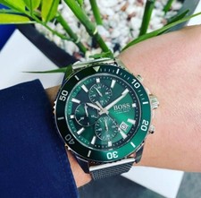 NEW BOSS MENS WATCH GENUINE HB1513905 MESH STRAP SILVER TONE GREEN DIAL