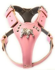 Baby PInk Leather Dog Harness Large with English Bulldog Badge