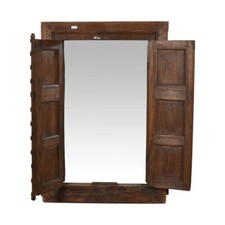 Antique Walnut Brown Indian Teak Shutter Mirror – Carved 19th Century Frame