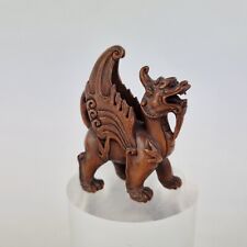 Finely Carved Wood Japanese Netsuke Figure Winged Dragon Dog Signed 5.2cm High