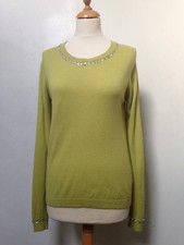 Dickens and Jones jumper S yellow lime knit with wool, 'gem' neck/sleeve edgings