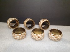 Vintage Inlayed Shell On Brass Napkin Rings Set of 6 Mosaic Inlay Design
