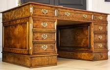 Large Antique Style Burr Walnut Twin Pedestal Partners Leather Top Writing Desk