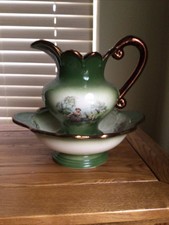 Vintage Green Gold Lustre Washstand Jug Pitcher And basin Bowl Vgc