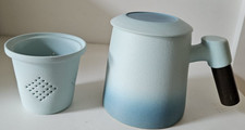 Steeping Ceramic Tea Cup (Mug) with Infuser, Lid and wooden handle (Blue/Teal)