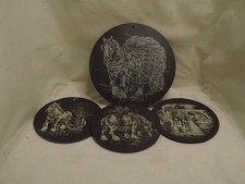 4 Slate Horse Plates – Shire Working Scenes – 1 Damaged – Rustic Wall Décor