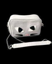 Lulu Guinness Light Grey Grainy Leather Kooky Cat Crossbody Bag