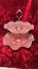 Vintage Sowerby Art Deco Pink Two Tier Pressed Glass Cake Stand Afternoon Tea