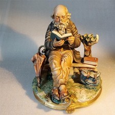 Vintage Capodimonte Italy Figure Old Man Reading a Book on Bench Milio MI108