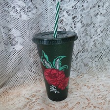 Starbucks 2022 Christmas Green Glitter Red Floral Stripe Straw Cup 24oz