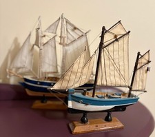 Pair Of Vintage Wooden Sail Boats Models Painted Cloth Sails Nautical Decor