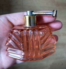 1930s CZECH CORAL PINK CUT GLASS PERFUME BOTTLE SIGNED.