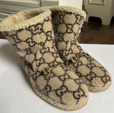 GUCCI SHORT ANKLE BOOTIE Logo WOOL OUTER SHEARLING INSIDE W/HORSE BIT On Top