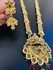 Indian/Pakistani/Bangoli Matt Gold Style Mala Set With Pink And Green Stones 
