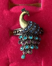 Blue Green And Purple Rhinestone Peacock Pewter Tone Ring Size 7.5
