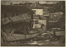 Bernard Sleigh (1872-1954) Signed Woodcut Mevagissey Boathouse Cornwall 1936
