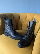 Zara Size 6 Black Real Leather Studded Biker Boots Lace Up Side Zip