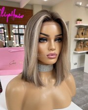 Short Bob Ash Brown Blonde Highlight Bob Wigs 100% Human Hair Lace Front Wigs
