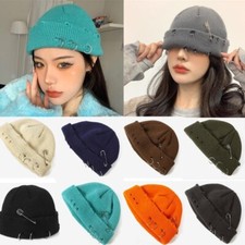 Punk Rock Men Women Gothic Knitted Beanie Cap Warm Rolled Ripped Hiphop Hat