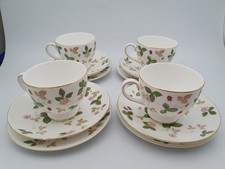 x4 Wedgwood Bone China Wild Strawberry Trios: Cups, Saucer & Side Plate