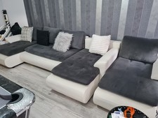 Grey And White Faux Leather Corner Sofa Bed.    