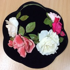 Stunning Original Vintage 1950s Lazarus Black Velvet Saucer Hat With Flowers