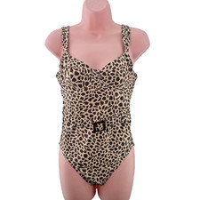 Figleaves Leopard Print Swimsuit, Belted, Tummy Control, Size 32DD, Brown IA880