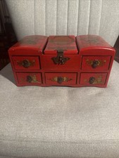 Vintage Red Lacquered Wood and Brass Chinese Jewellery Box with Drawers