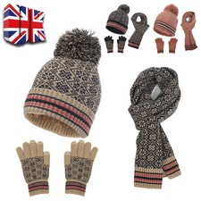 3Pcs Womens Mens Adults Thick Knit Hat Scarf  and Gloves Set Knitted Winter NEW