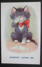 REG MAURICE Cats Comic CRYING BLACK CAT KITTEN TEARS NOBODY LOVES ME RED RIBBON