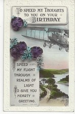 BIRTHDAY GREETING - OLD FASHIONED AEROPLANE , BIPLANE 1922 RP POSTCARD
