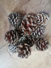 Christmas Tree Decorations, 12 Natural Wired Pine Cones With Silver Glitter Trim