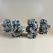 Set of 4 Hand-Painted Musical Owl Figurines | Rustic Woodland Animal Ornaments |
