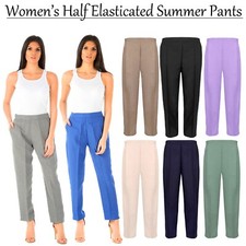 Womens Ladies Cropped Half Elasticated Waist Black Blue Work Trousers Pants Sale