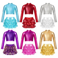 Girls Sequin Jazz Hip Hop Street Dance Crop Top Shirt with Ruffle Skirted Shorts