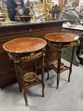 Pair of Louis XV Style Marquetry Side Lamp Tables with Ormalu & Limoges Plaques