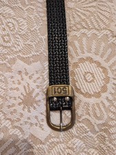 VTG LEVI 501 Belt M Mens Black Leather 30-32" Waist Tooled weaved pattern etch 