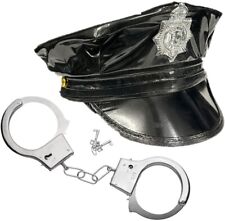 Police Officer Hat & Metal Handcuffs Fancy Dress Costume Halloween Party Unisex