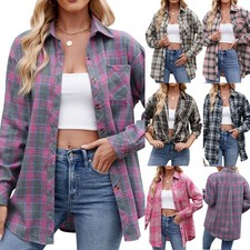 Ladies Plaid Checked Casual Button Shirts Coats Tops Oversized Blouse PLUS SIZE