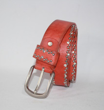Studded Leather Belt 37" Burnt Orange Gem Diamantes Vintage