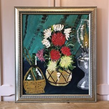 Vintage Swedish Floral Still Life Portrait LARGE Oil Painting