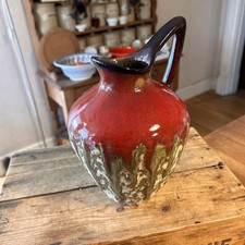 Vintage Large Red Drip Glazed West German Handled Vase - Great!