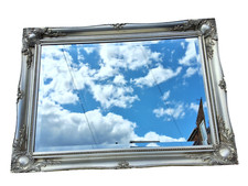 LARGE ANTIQUE FRENCH STYLE RECTANGULAR BEVELLED WALL MIRROR ORNATE SILVER FRAME