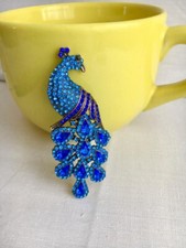 Vintage Style Blue Diamante Peacock Brooch, Costume Jewelery Dispatch From UK