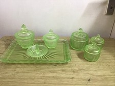 Green Uranium Glass Dressing Table Set c1930s Plus 3 Extra Dishes