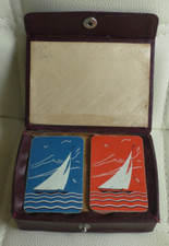 Vintage PATIENCE Twin Deck Set of Sailing Boat PLAYING CARDS in Leather Box Case