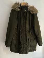New Look Women's Green Parka Coat with Fur Trim UK Size 12